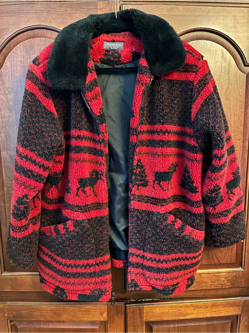 Fair Isle Fleece Women Jacket Full Zip Moose Pine Tree Nordic Ski Cabin Cozy XL